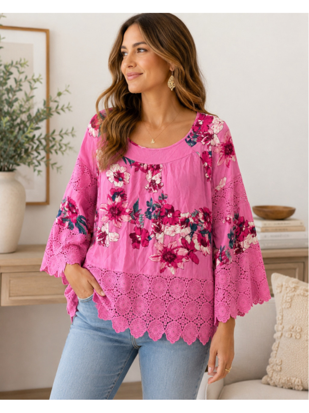 Curations XL Pink Floral Boho Blouse Crochet Lace Bell Sleeve Tunic Top